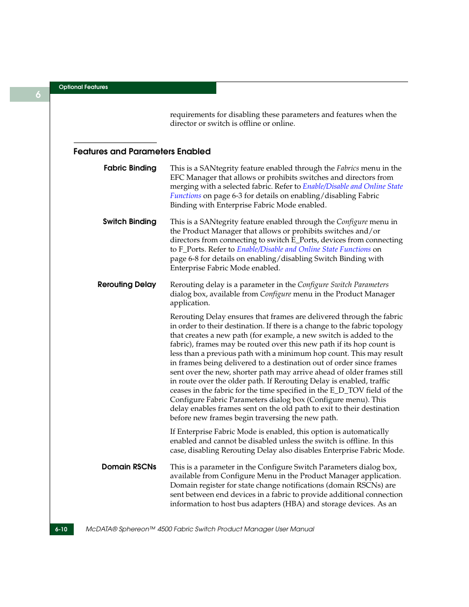 Features and parameters enabled, Features and parameters enabled -10 | McDATA Sphereon 4500 User Manual | Page 158 / 216