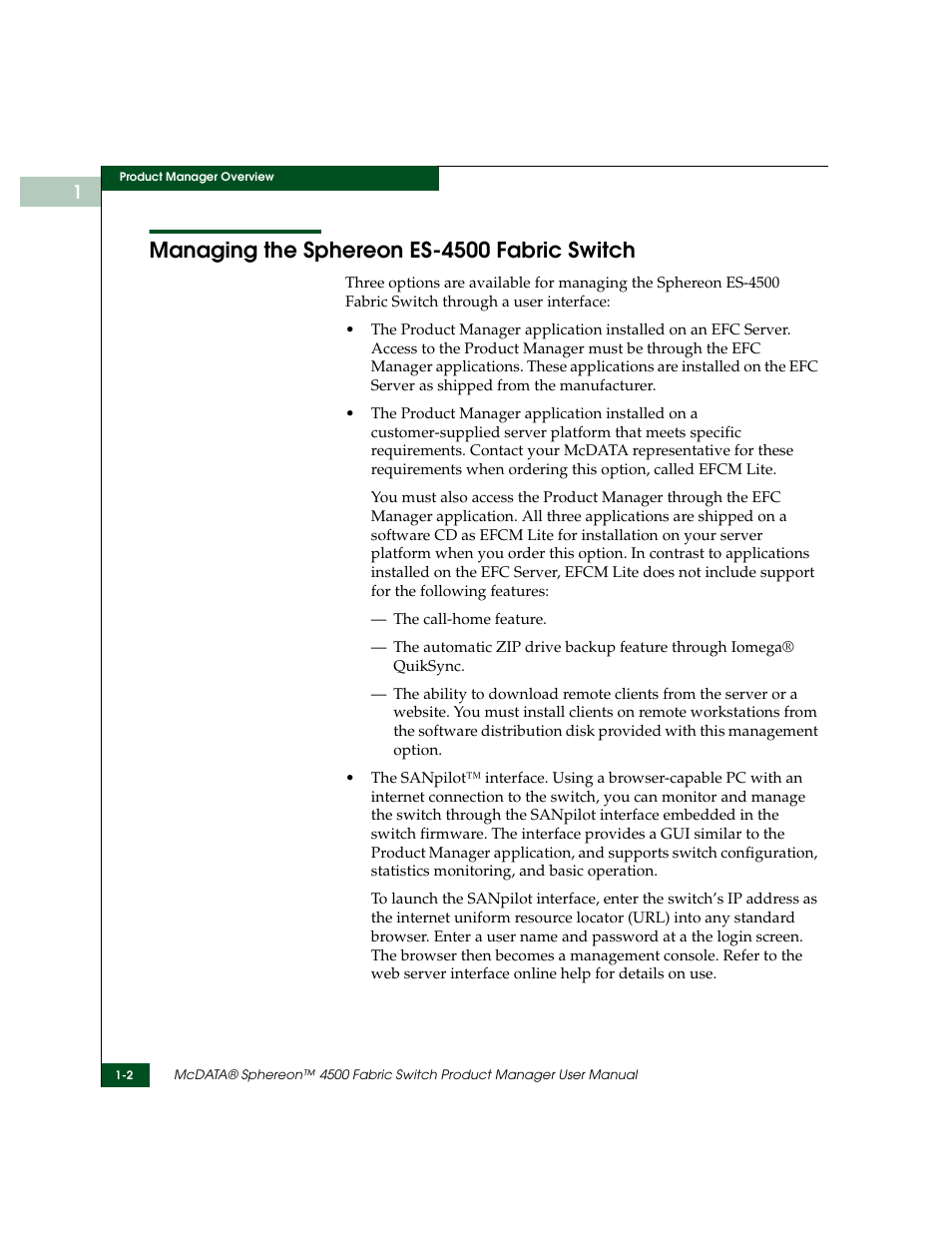 Managing the sphereon es-4500 fabric switch, Managing the sphereon es-4500 fabric switch -2 | McDATA Sphereon 4500 User Manual | Page 18 / 216