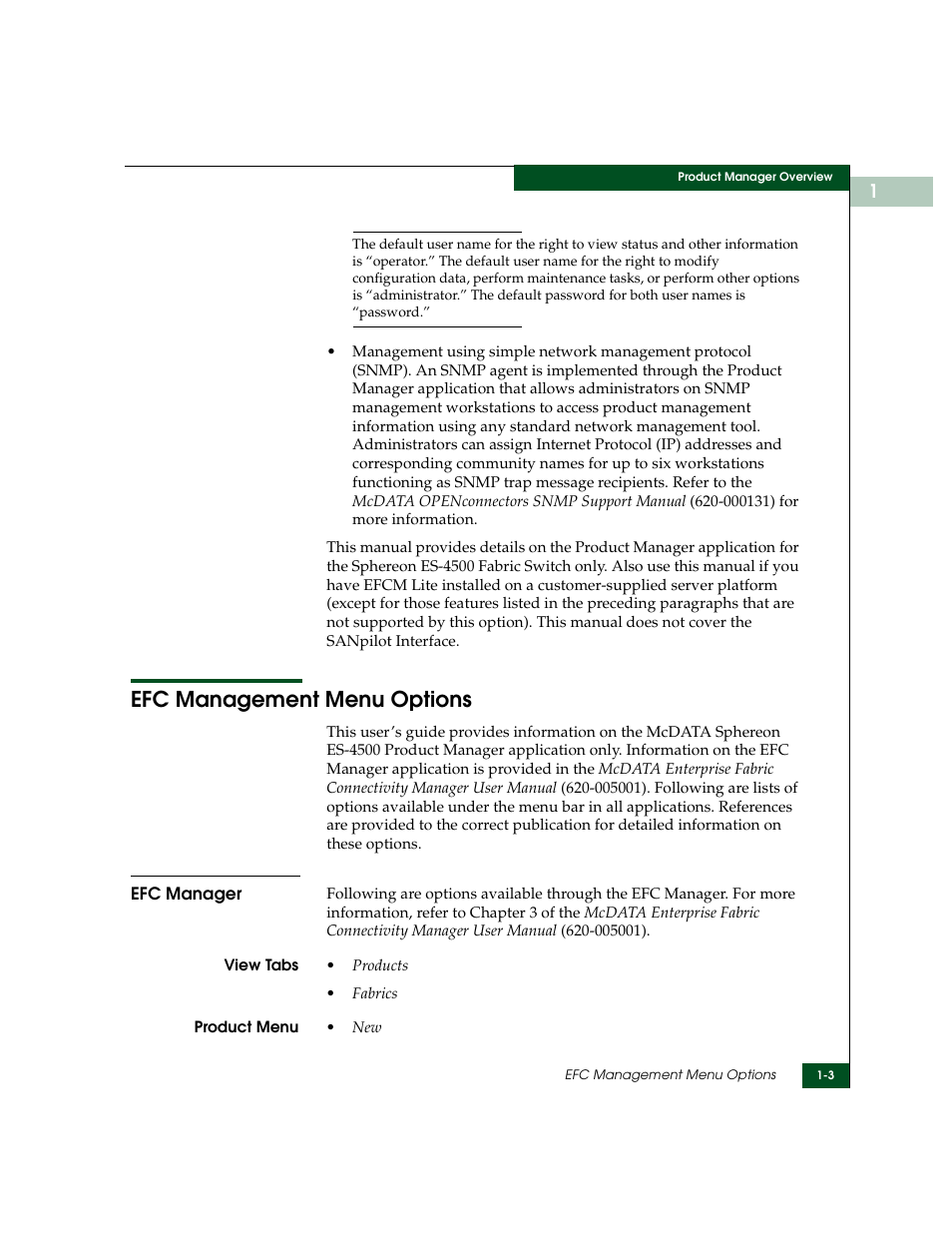 Efc management menu options, Efc manager, Efc management menu options -3 | Efc manager -3 | McDATA Sphereon 4500 User Manual | Page 19 / 216