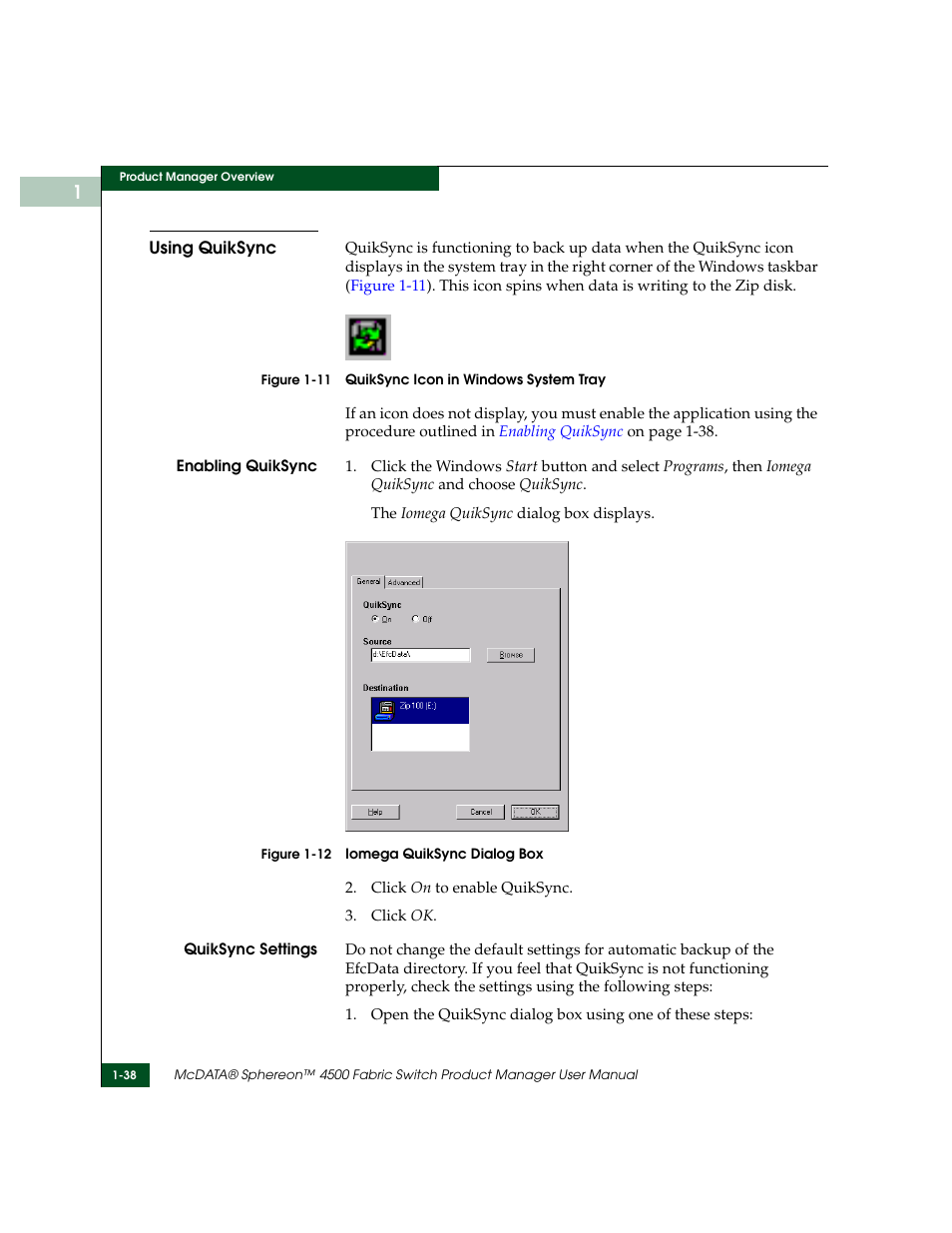 Using quiksync, Using quiksync -38, Quiksync icon in windows system tray -38 | Iomega quiksync dialog box -38 | McDATA Sphereon 4500 User Manual | Page 54 / 216