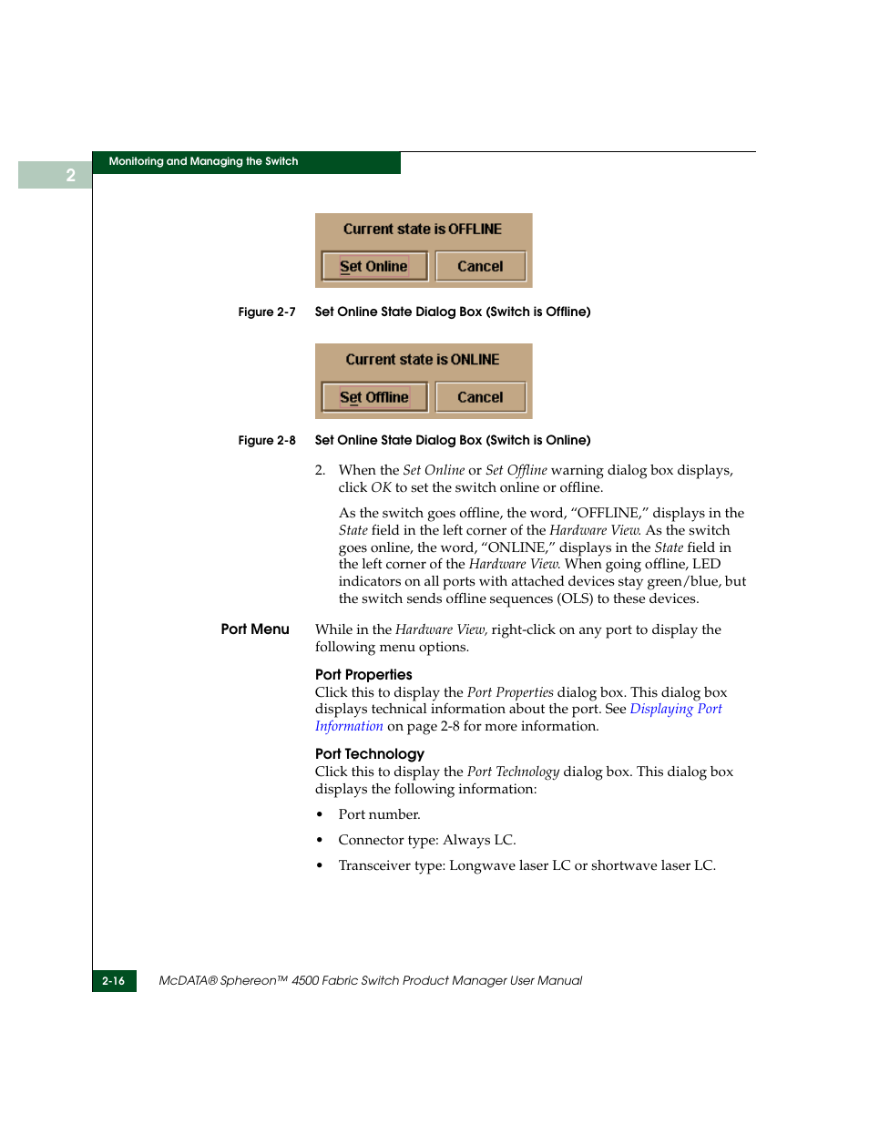 Set online state dialog box (switch is online) -16, Port menu, R to | McDATA Sphereon 4500 User Manual | Page 72 / 216