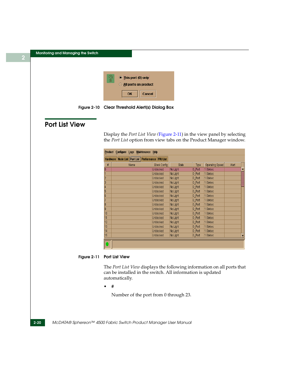 Port list view, Port list view -20, Clear threshold alert(s) dialog box -20 | McDATA Sphereon 4500 User Manual | Page 76 / 216