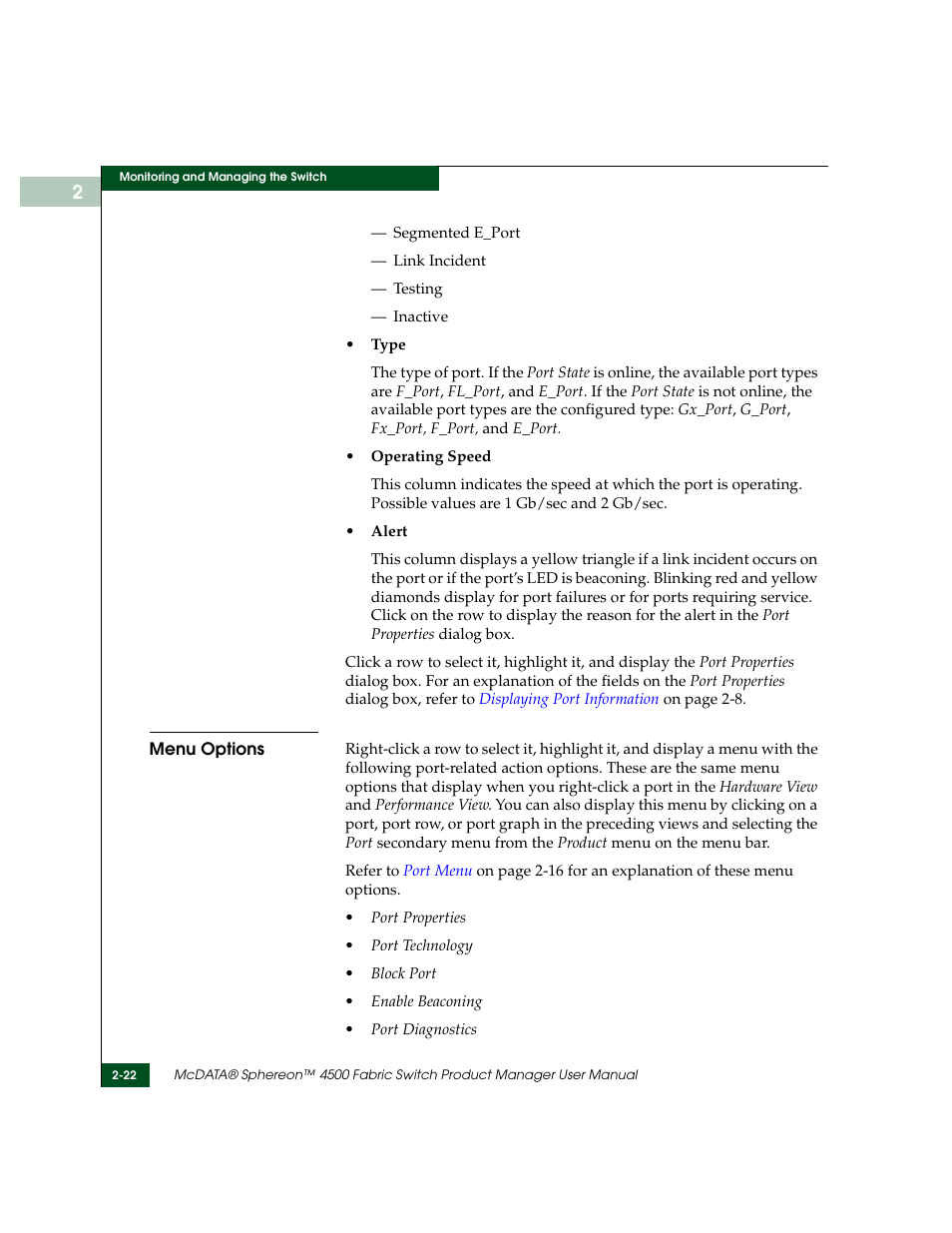 Menu options, Menu options -22 | McDATA Sphereon 4500 User Manual | Page 78 / 216