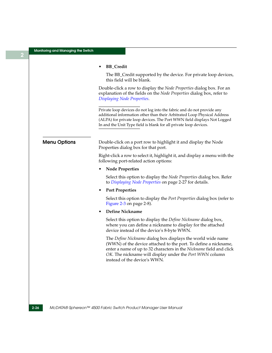 Menu options, Menu options -26 | McDATA Sphereon 4500 User Manual | Page 82 / 216