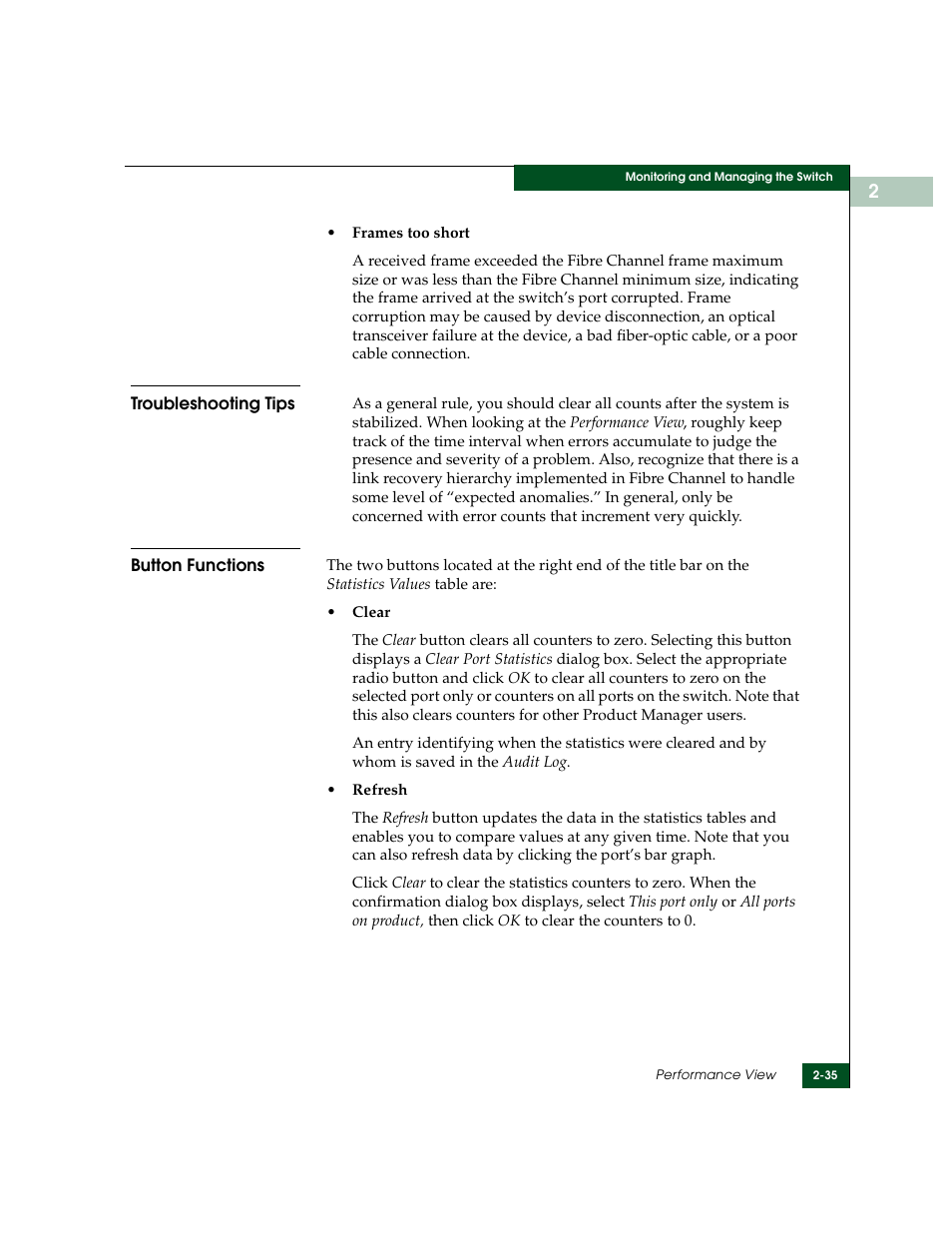 Troubleshooting tips, Button functions, Troubleshooting tips -35 button functions -35 | McDATA Sphereon 4500 User Manual | Page 91 / 216