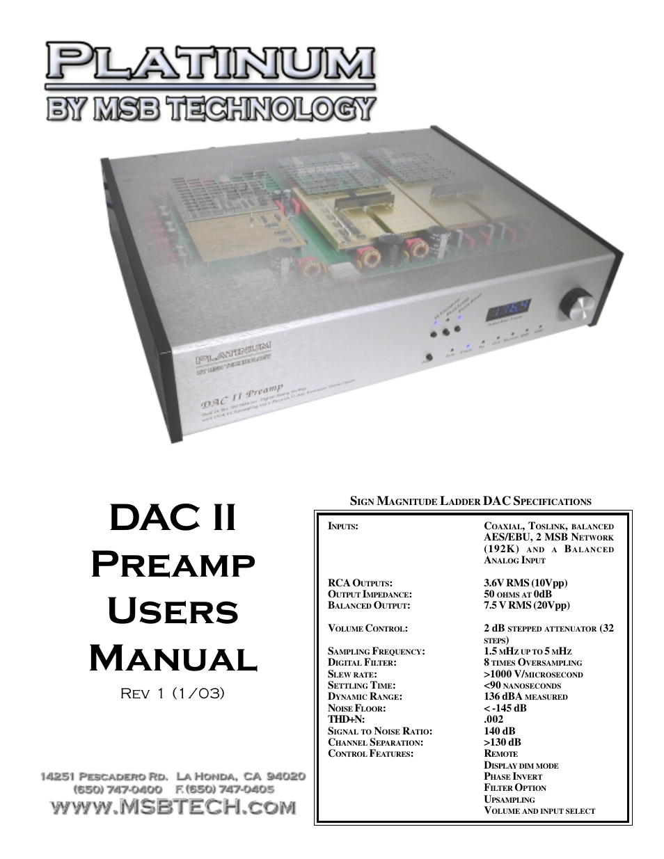 MSB Technology DAC II User Manual | 7 pages