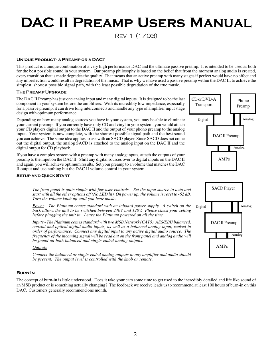 Dac ii preamp users manual, Rev 1 (1/03) | MSB Technology DAC II User Manual | Page 2 / 7