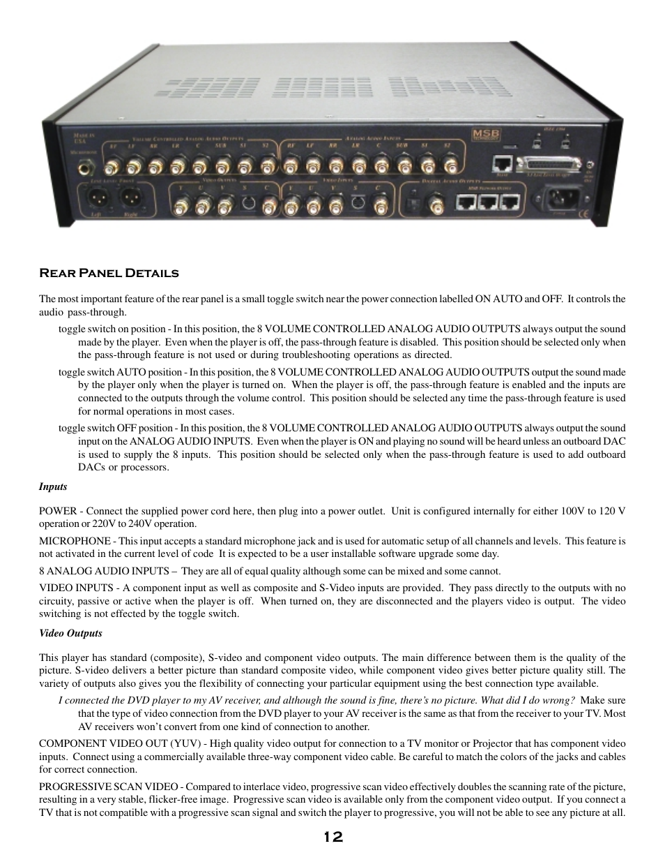 Rear panel details, Inputs, Video outputs | MSB Technology DVD Audio Player User Manual | Page 12 / 41