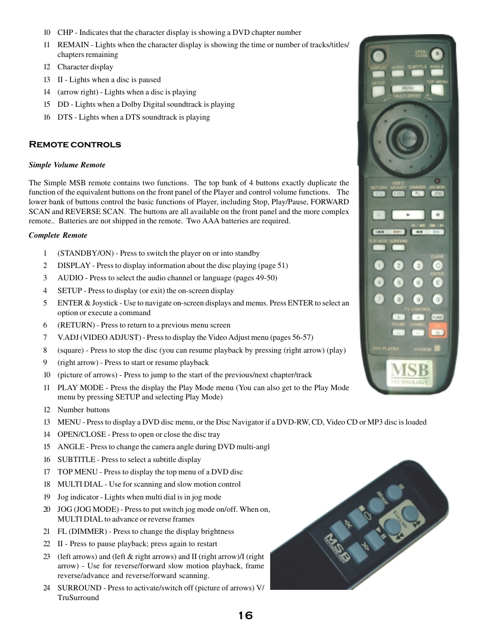 Remote controls, Simple volume remote, Complete remote | MSB Technology DVD Audio Player User Manual | Page 16 / 41
