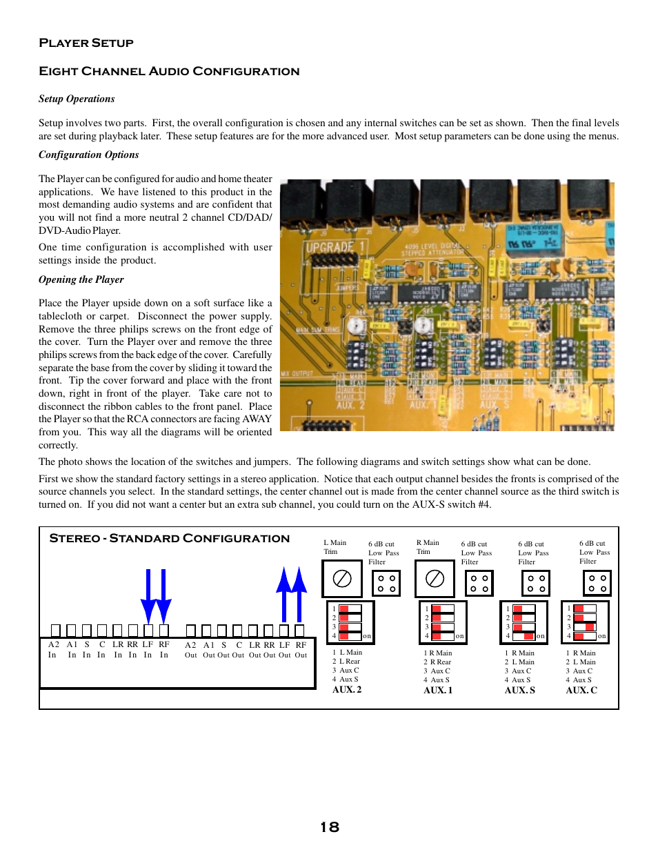 Player setup, Eight channel audio configuration, Setup operations | Configuration options, Opening the player, Eight channel audio configuration . 18, Player setup eight channel audio configuration, Stereo - standard configuration | MSB Technology DVD Audio Player User Manual | Page 18 / 41