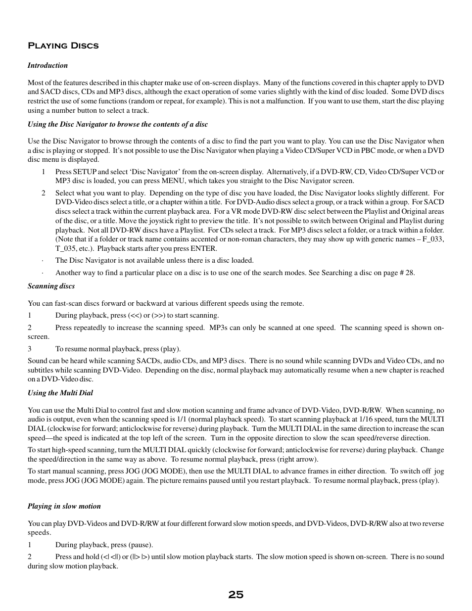 Playing discs, Introduction, Scanning discs | Using the multi dial, Playing in slow motion | MSB Technology DVD Audio Player User Manual | Page 25 / 41