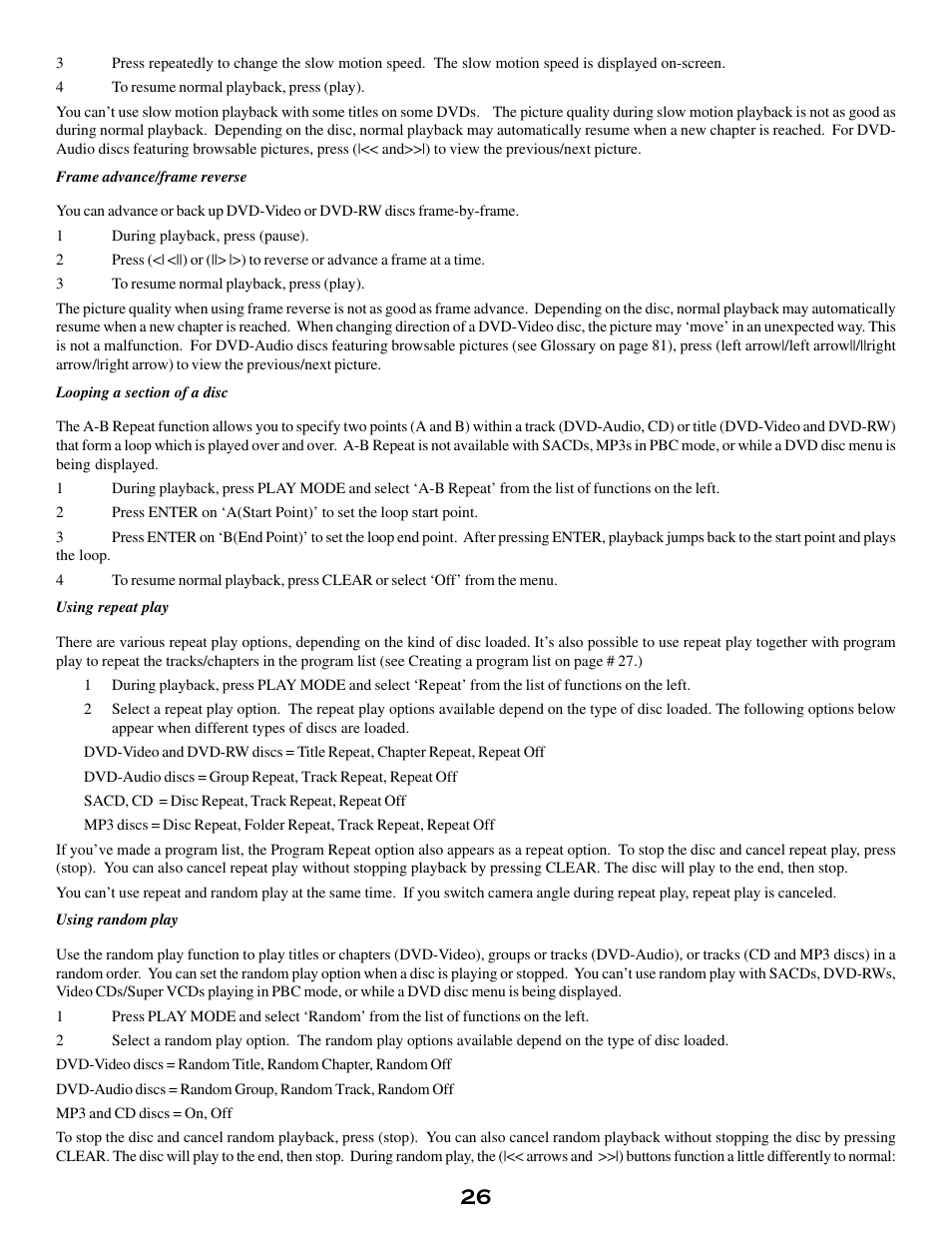 Frame advance/frame reverse, Looping a section of a disc, Using repeat play | Using random play | MSB Technology DVD Audio Player User Manual | Page 26 / 41