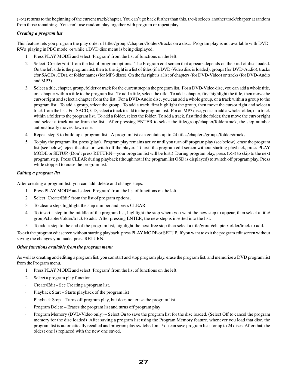Creating a program list, Editing a program list, Other functions available from the program menu | Searching a disc | MSB Technology DVD Audio Player User Manual | Page 27 / 41