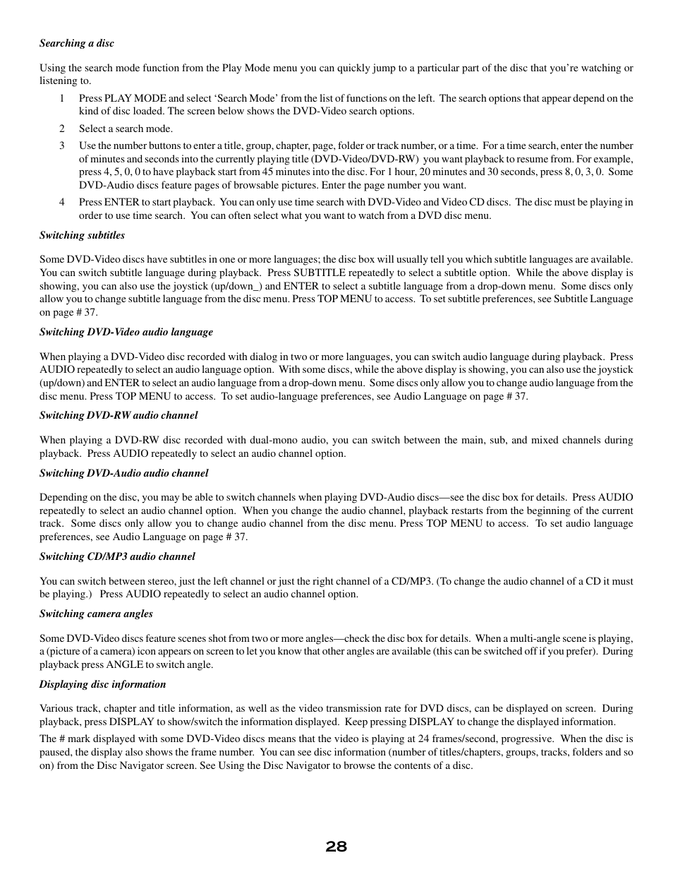 Searching a disc, Switching subtitles, Switching dvd-video audio language | Switching dvd-rw audio channel, Switching dvd-audio audio channel, Switching cd/mp3 audio channel, Switching camera angles, Displaying disc information, The audio settings menu | MSB Technology DVD Audio Player User Manual | Page 28 / 41