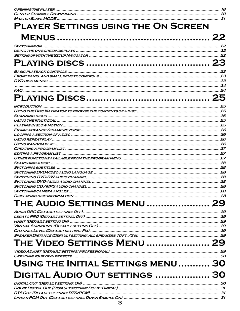 Player settings using the on screen menus, Playing discs, The audio settings menu | The video settings menu | MSB Technology DVD Audio Player User Manual | Page 3 / 41
