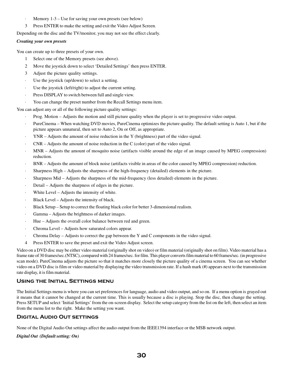 Creating your own presets, Using the initial settings menu, Digital audio out settings | Digital out (default setting: on) | MSB Technology DVD Audio Player User Manual | Page 30 / 41