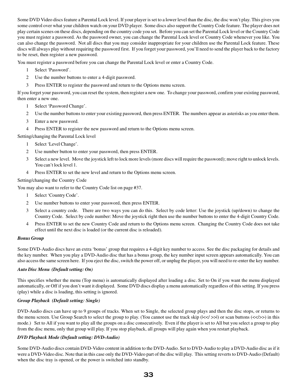 Bonus group, Auto disc menu (default setting: on), Group playback (default setting: single) | Dvd playback mode (default setting: dvd-audio), Sacd playback (default setting: 2ch area) | MSB Technology DVD Audio Player User Manual | Page 33 / 41