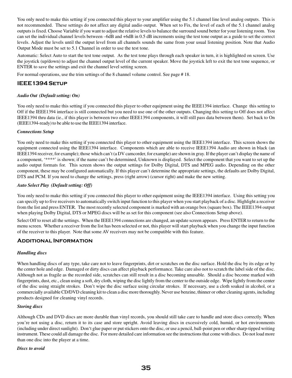 Ieee1394 setup, Audio out (default setting: on), Connections setup | Auto select play (default setting: off), Additional information, Handling discs, Storing discs, Discs to avoid | MSB Technology DVD Audio Player User Manual | Page 35 / 41