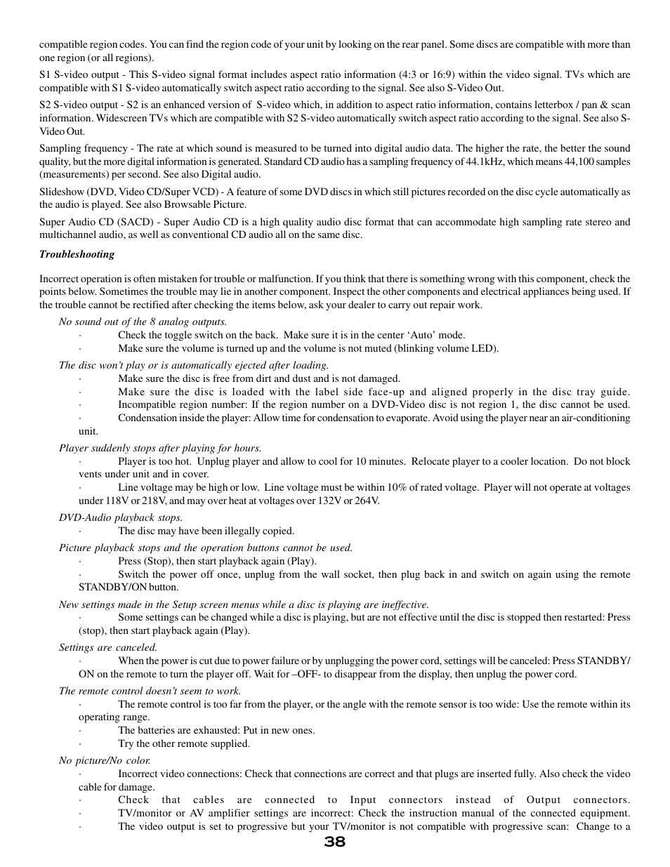 Troubleshooting | MSB Technology DVD Audio Player User Manual | Page 38 / 41
