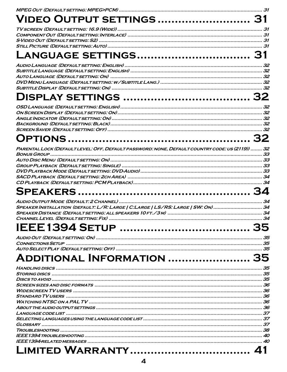 Video output settings, Language settings, Display settings | Options, Speakers, Ieee1394 setup, Additional information, Limited warranty | MSB Technology DVD Audio Player User Manual | Page 4 / 41