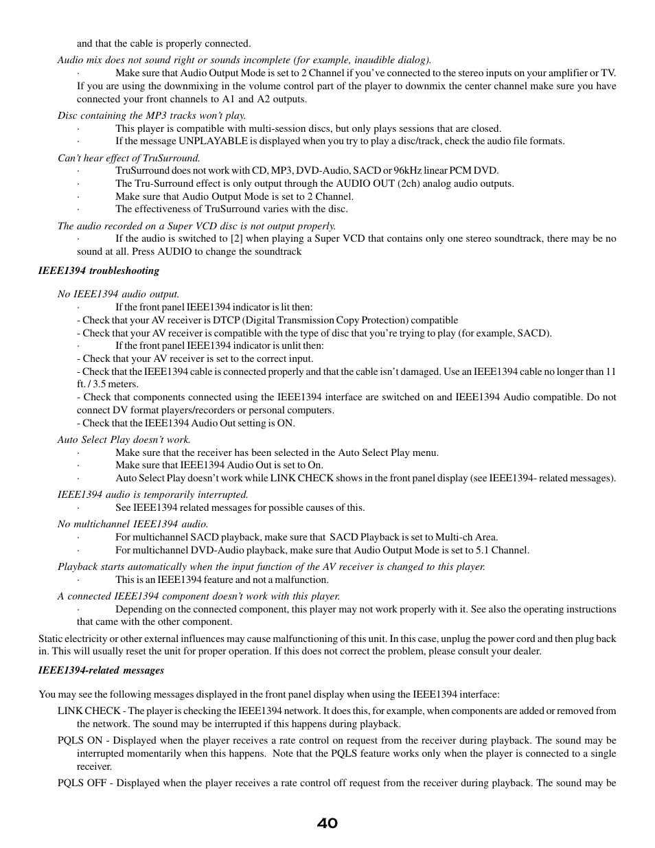 Ieee1394 troubleshooting, Ieee1394-related messages | MSB Technology DVD Audio Player User Manual | Page 40 / 41