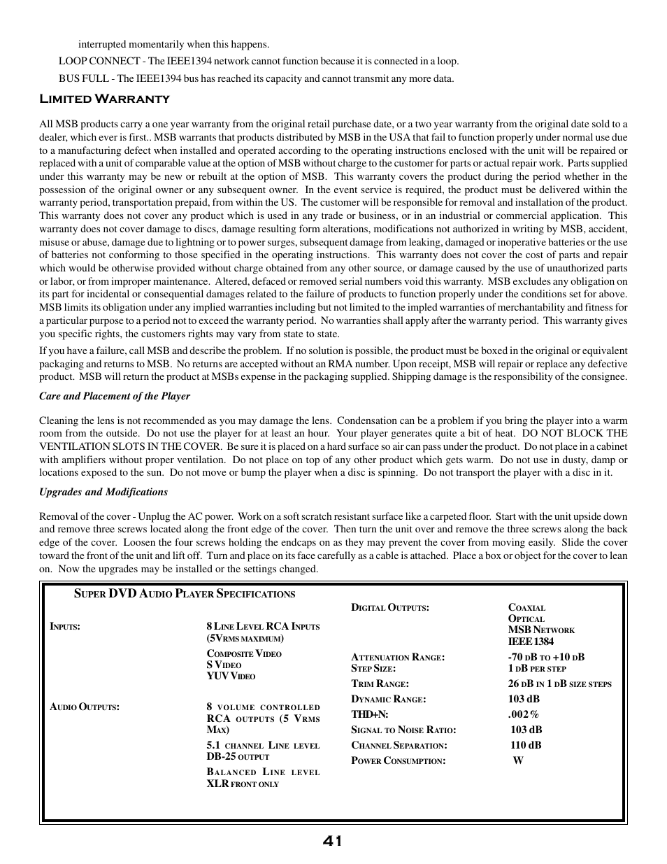 Limited warranty, Dvd a | MSB Technology DVD Audio Player User Manual | Page 41 / 41
