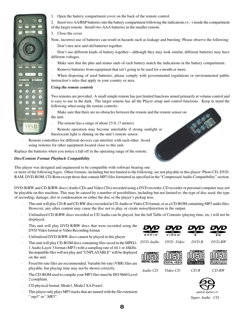 Using the remote controls, Disc/content format playback compatibility | MSB Technology DVD Audio Player User Manual | Page 8 / 41