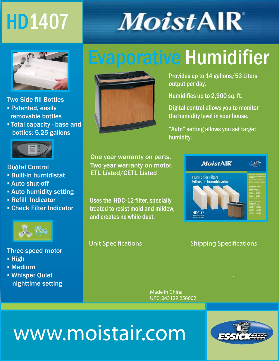 Hd 1407, Evaporative humidifier | MoistAir HD1407 User Manual | Page 2 / 2