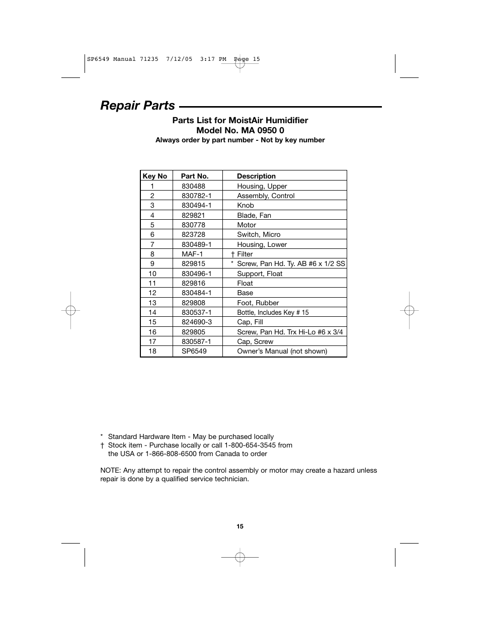 Repair parts | MoistAir MA 0950 User Manual | Page 15 / 16
