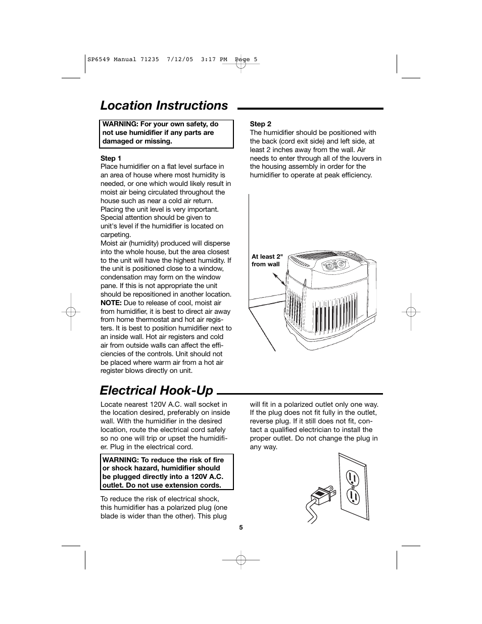 Location instructions, Electrical hook-up | MoistAir MA 0950 User Manual | Page 5 / 16