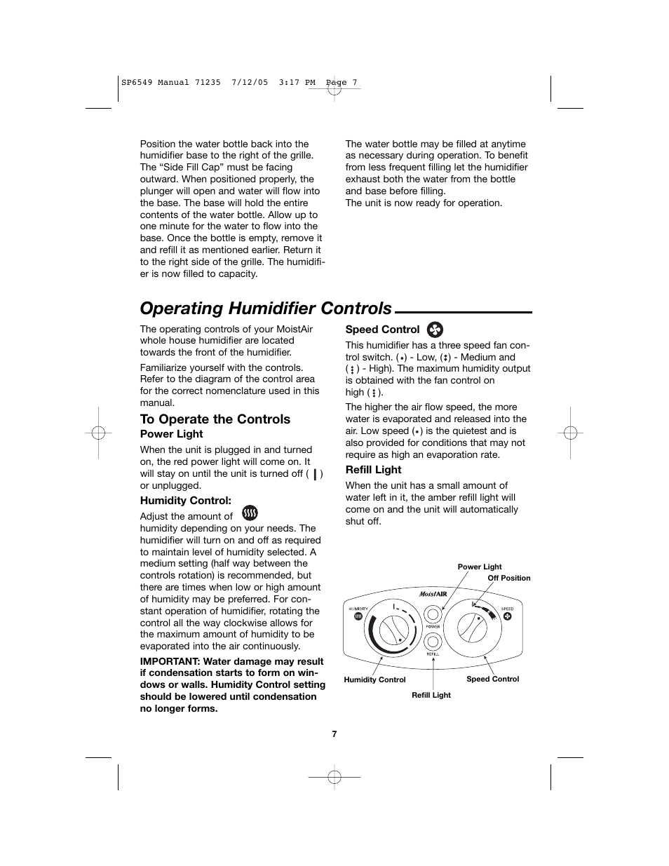 Operating humidifier controls | MoistAir MA 0950 User Manual | Page 7 / 16