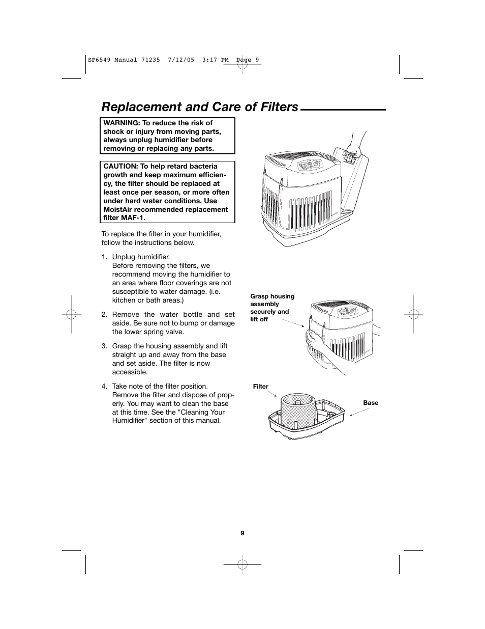 Replacement and care of filters | MoistAir MA 0950 User Manual | Page 9 / 16