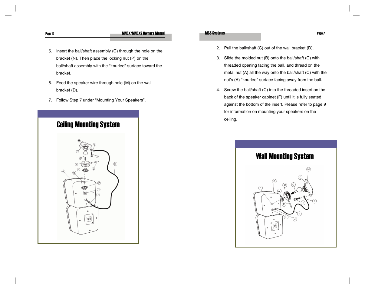 Ceiling mounting system, Wall mounting system | M&S Systems MNCXS User Manual | Page 10 / 16