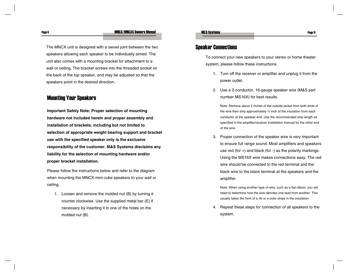 Mounting your speakers speaker connections | M&S Systems MNCXS User Manual | Page 11 / 16