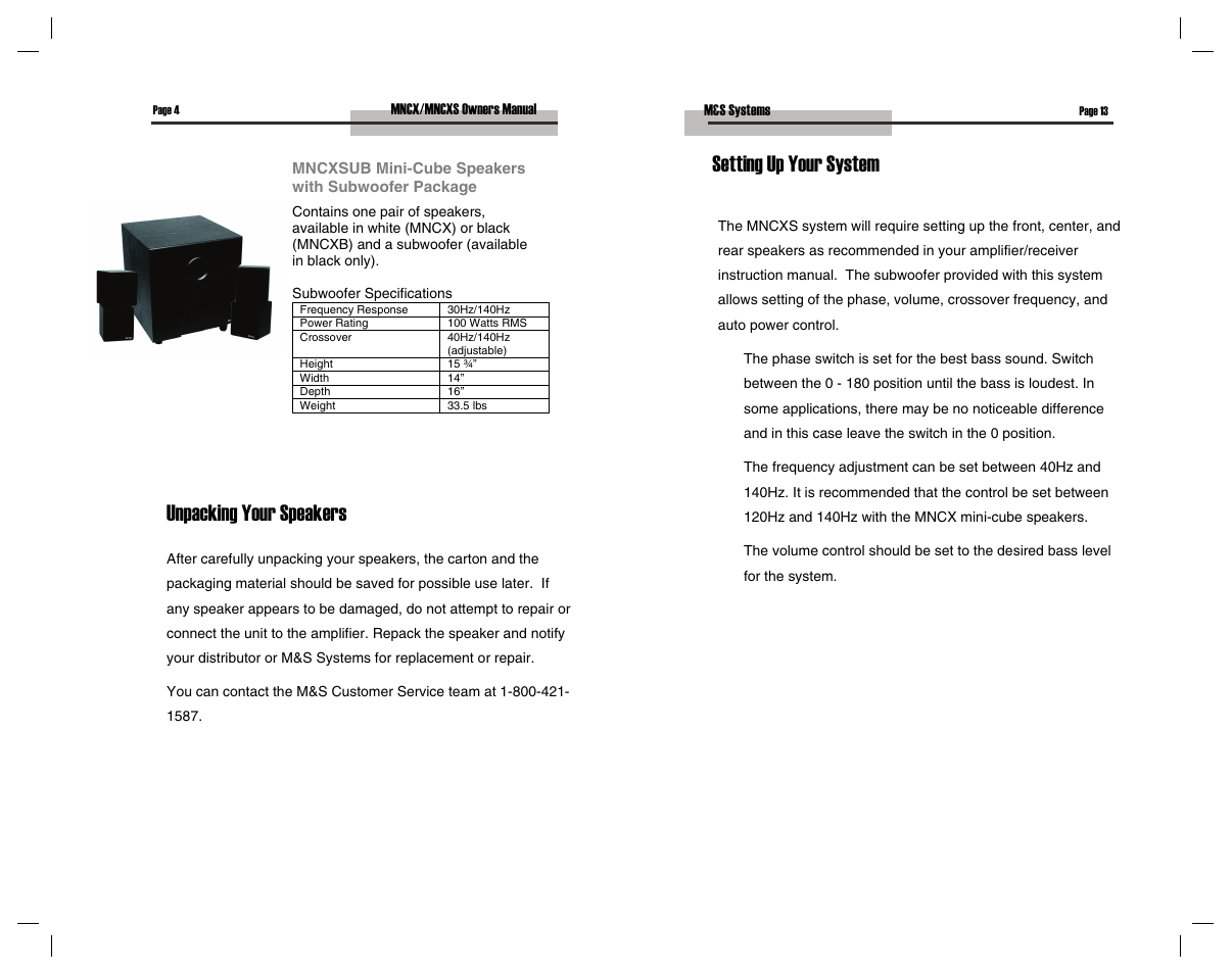 Unpacking your speakers, Setting up your system | M&S Systems MNCXS User Manual | Page 13 / 16