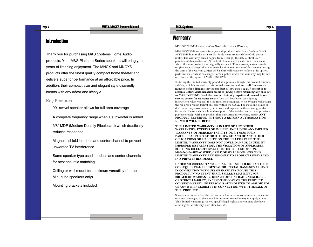 Introduction warranty | M&S Systems MNCXS User Manual | Page 2 / 16