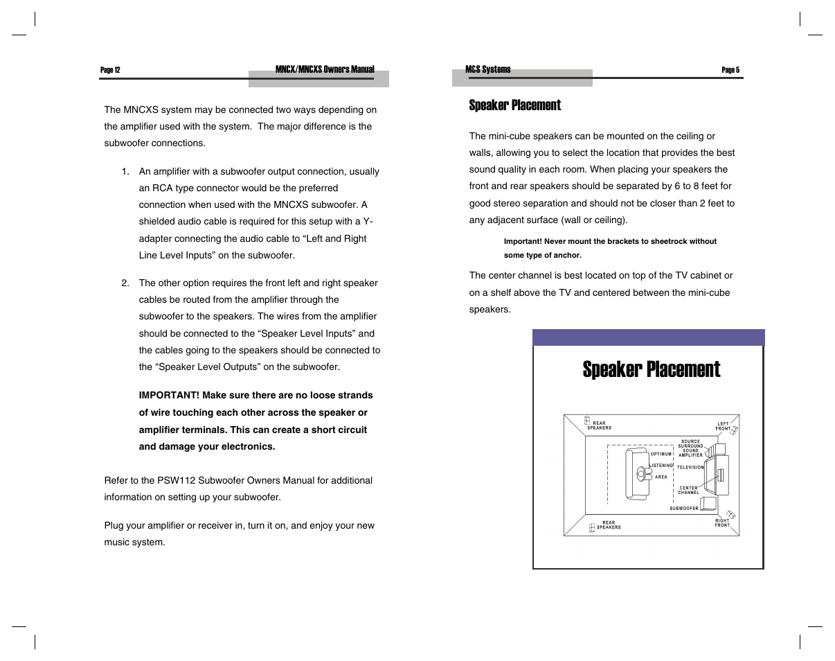 Speaker placement | M&S Systems MNCXS User Manual | Page 5 / 16