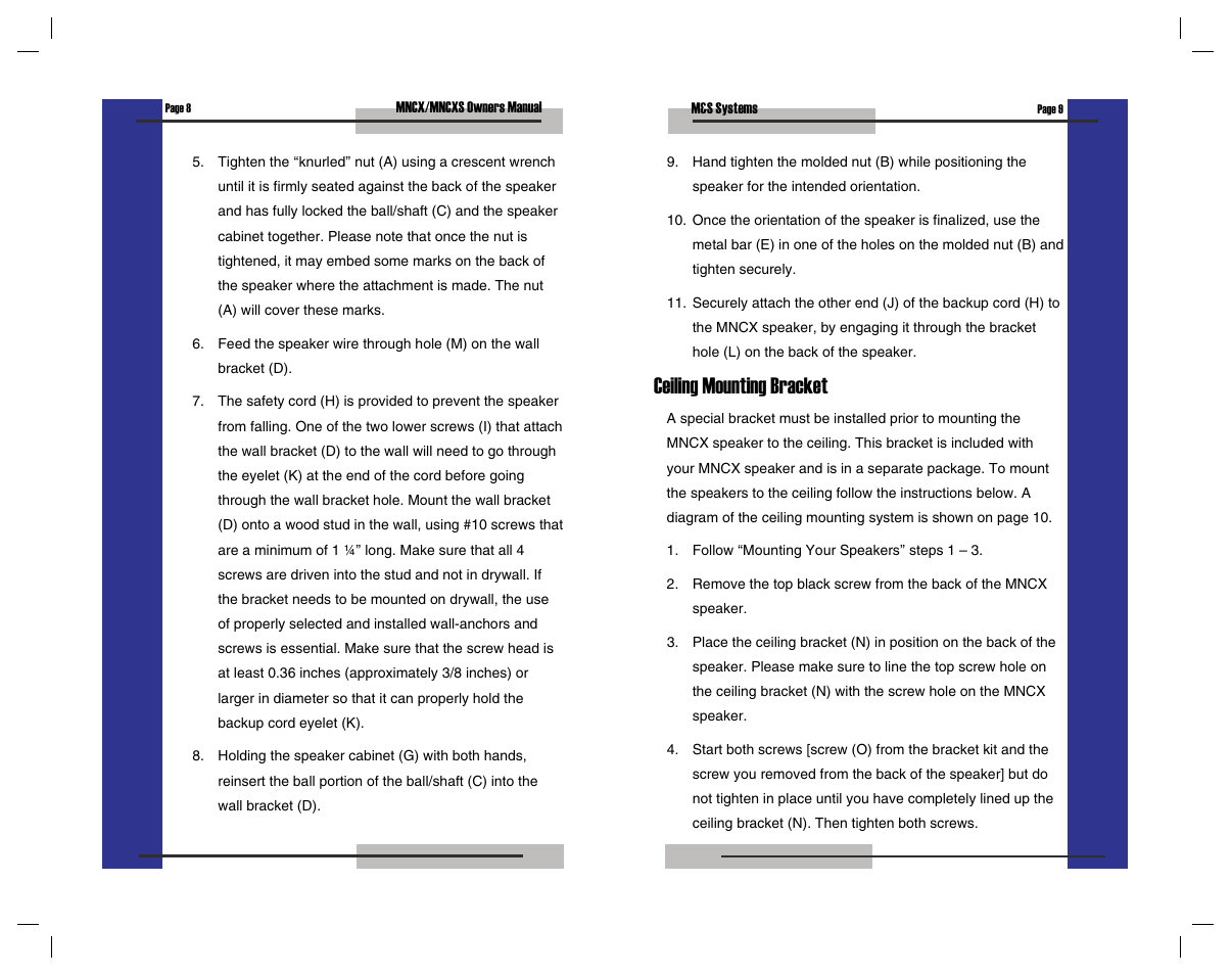 Ceiling mounting bracket | M&S Systems MNCXS User Manual | Page 8 / 16