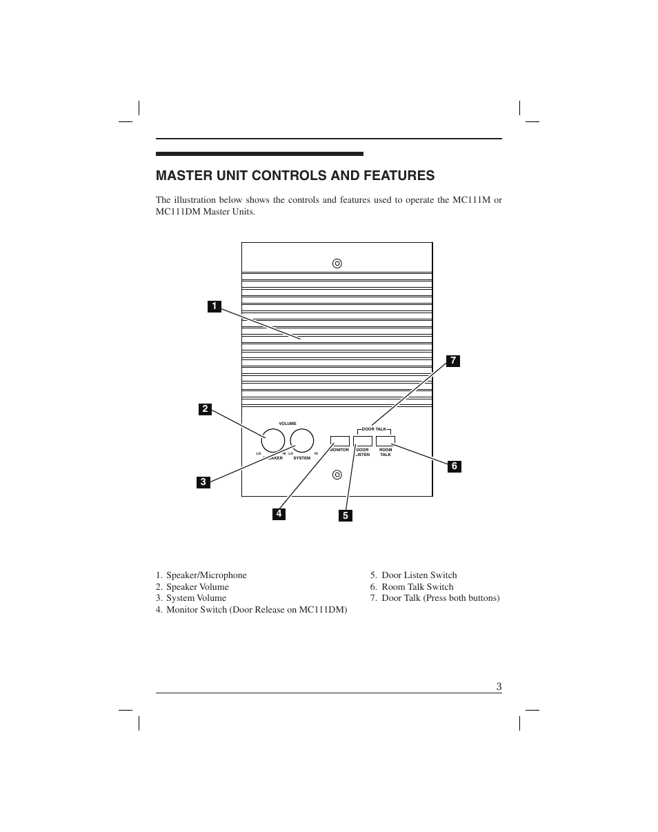Master unit controls and features | M&S Systems MC111DM User Manual | Page 5 / 12