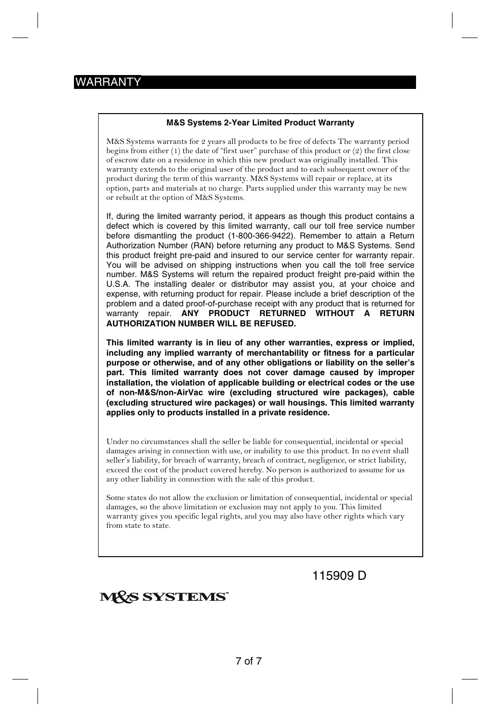 M&S Systems Home Theater System User Manual | Page 8 / 8