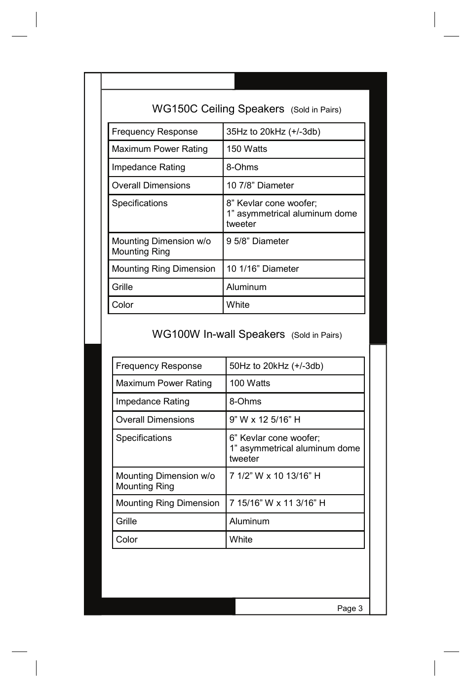 Wg150c ceiling speakers, Wg100w in-wall speakers | M&S Systems WG150W User Manual | Page 3 / 24