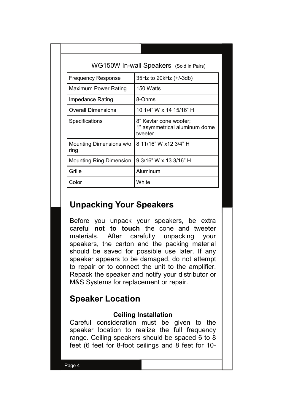 Unpacking your speakers, Speaker location | M&S Systems WG150W User Manual | Page 4 / 24