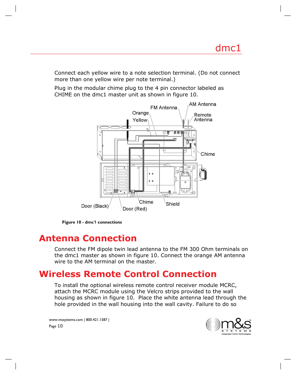 Dmc1, Antenna connection, Wireless remote control connection | M&S Systems dmc1 User Manual | Page 10 / 16