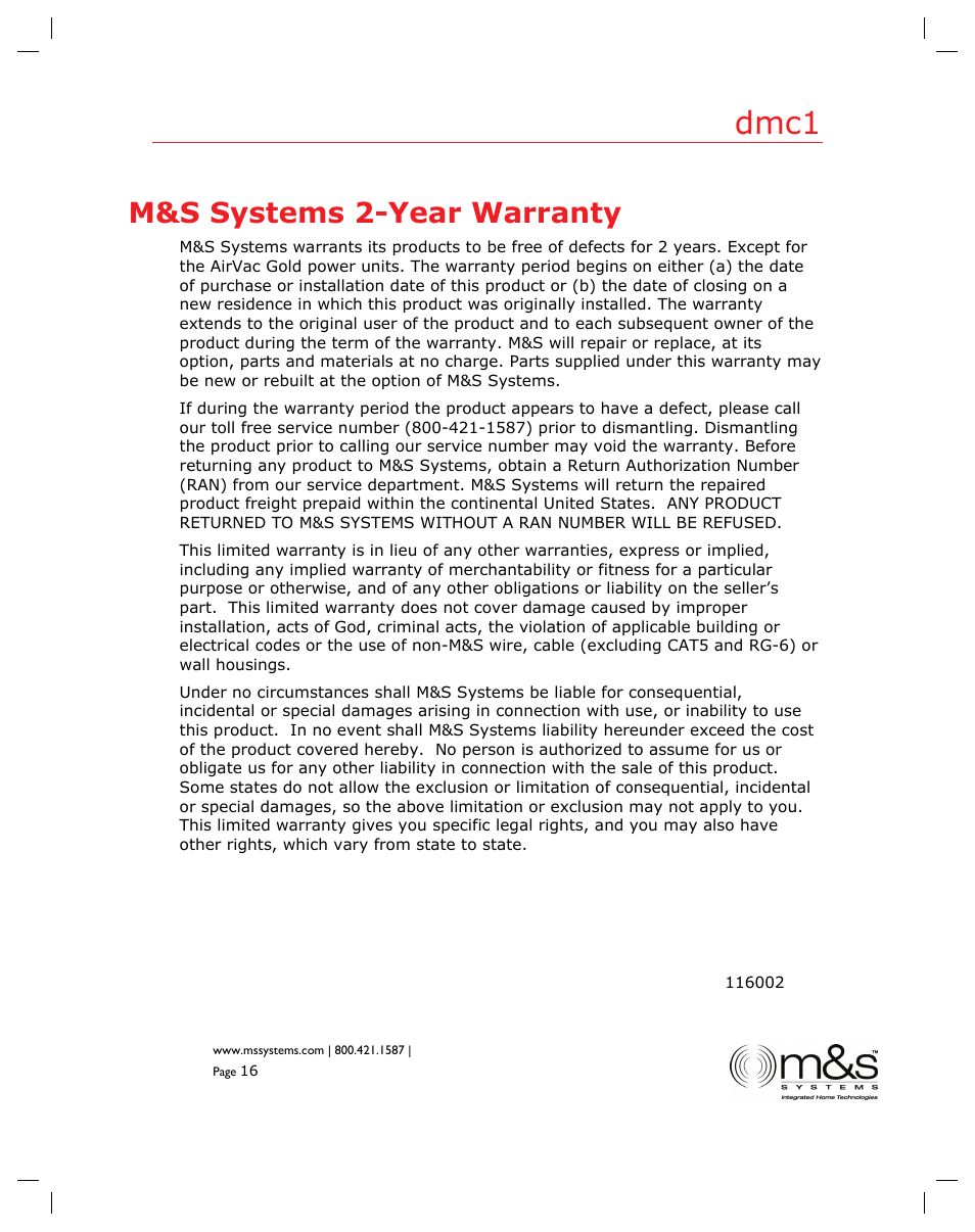 Dmc1, M&s systems 2-year warranty | M&S Systems dmc1 User Manual | Page 16 / 16