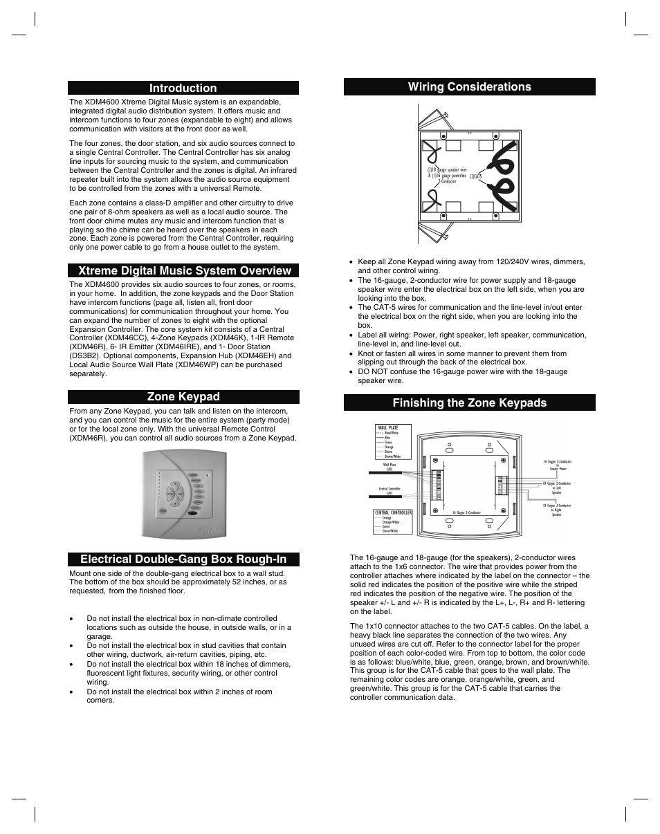 Introduction, Xtreme digital music system overview, Zone keypad | Electrical double-gang box rough-in, Wiring considerations, Finishing the zone keypads | M&S Systems XDM46K User Manual | Page 2 / 2