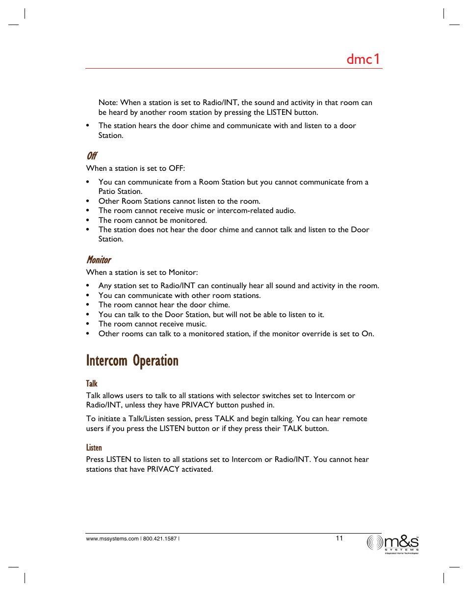 Intercom operation, Dmc 1, Monitor | M&S Systems dmc1/dmc1CD User Manual | Page 16 / 24