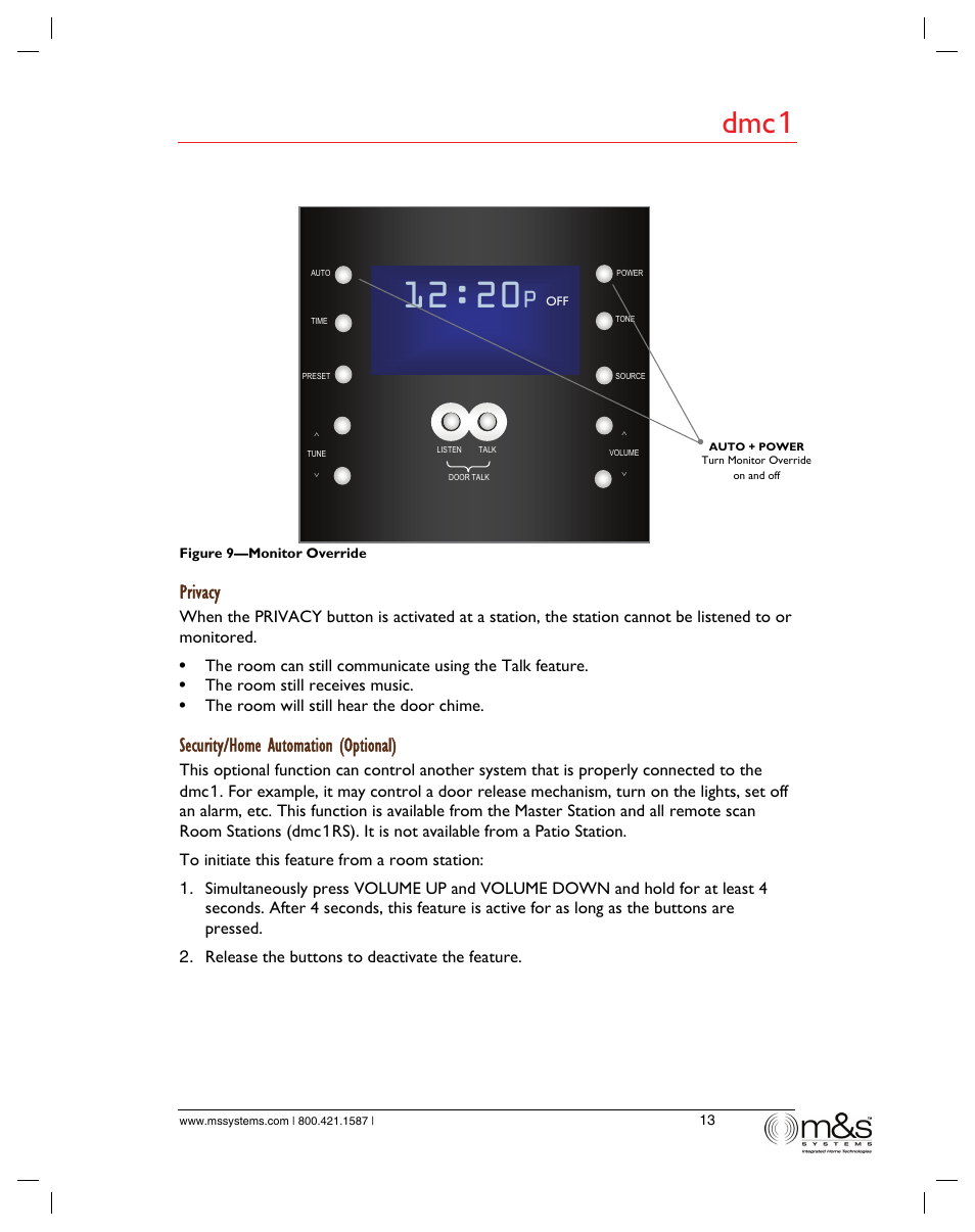 Dmc 1, Privacy, Security/home automation (optional) | M&S Systems dmc1/dmc1CD User Manual | Page 18 / 24