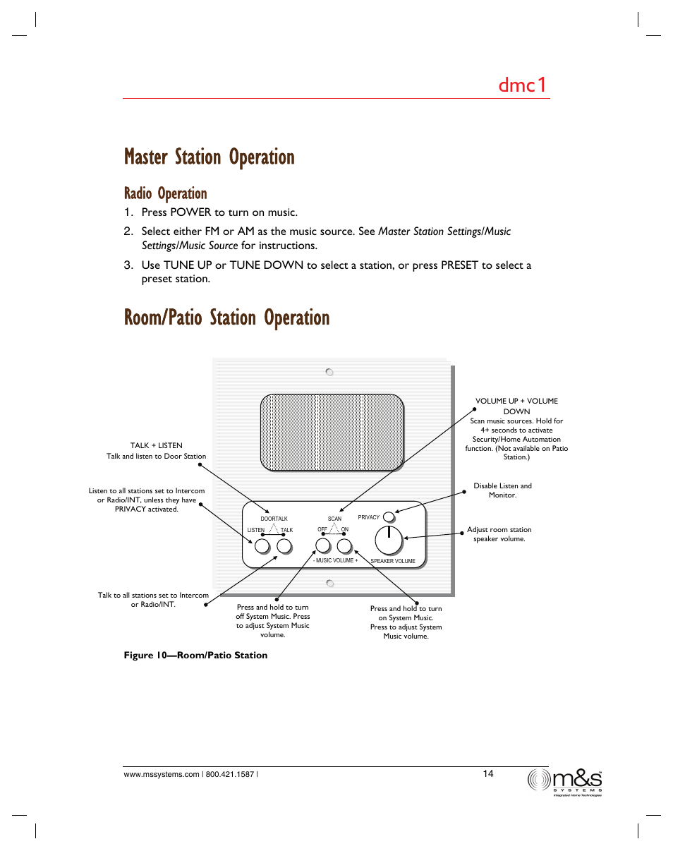 Master station operation, Room/patio station operation, Dmc 1 | Radio operation | M&S Systems dmc1/dmc1CD User Manual | Page 19 / 24