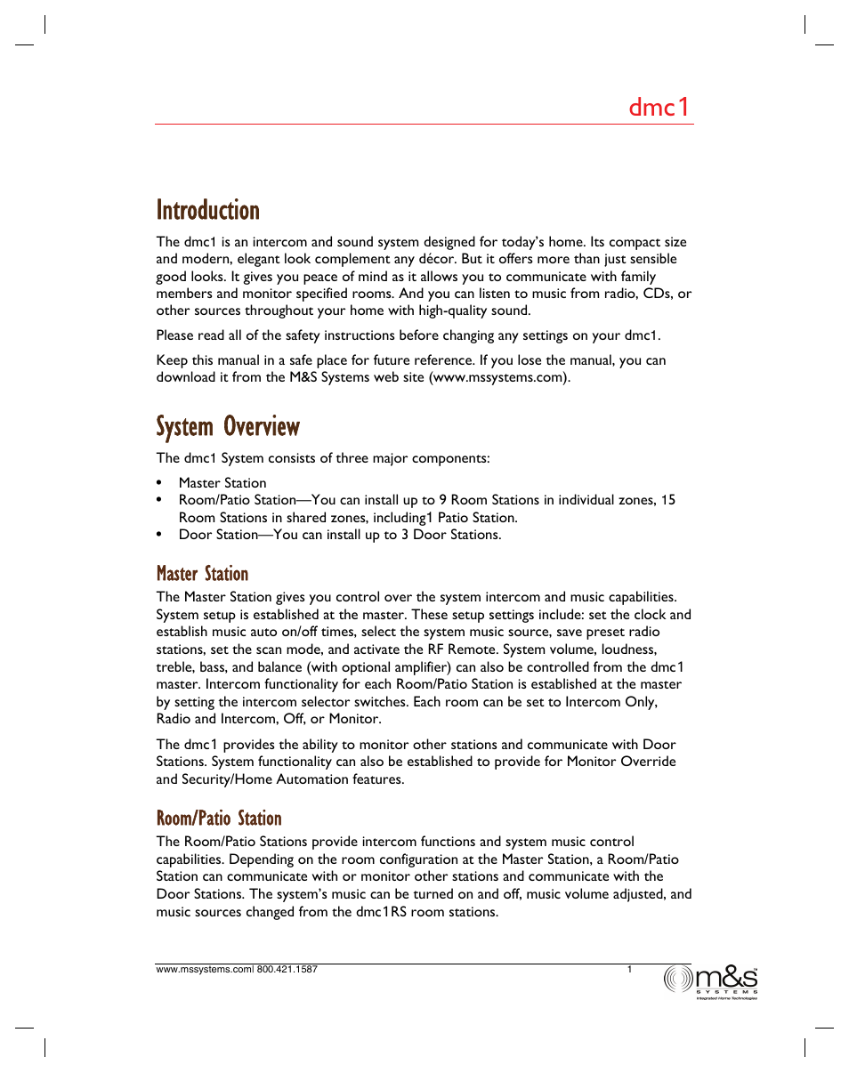 Introduction, System overview, Dmc 1 | Master station, Room/patio station | M&S Systems dmc1/dmc1CD User Manual | Page 6 / 24