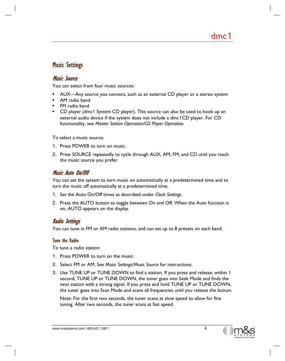 Dmc 1, Music settings, Music source | Music auto on/off, Radio settings | M&S Systems dmc1/dmc1CD User Manual | Page 9 / 24